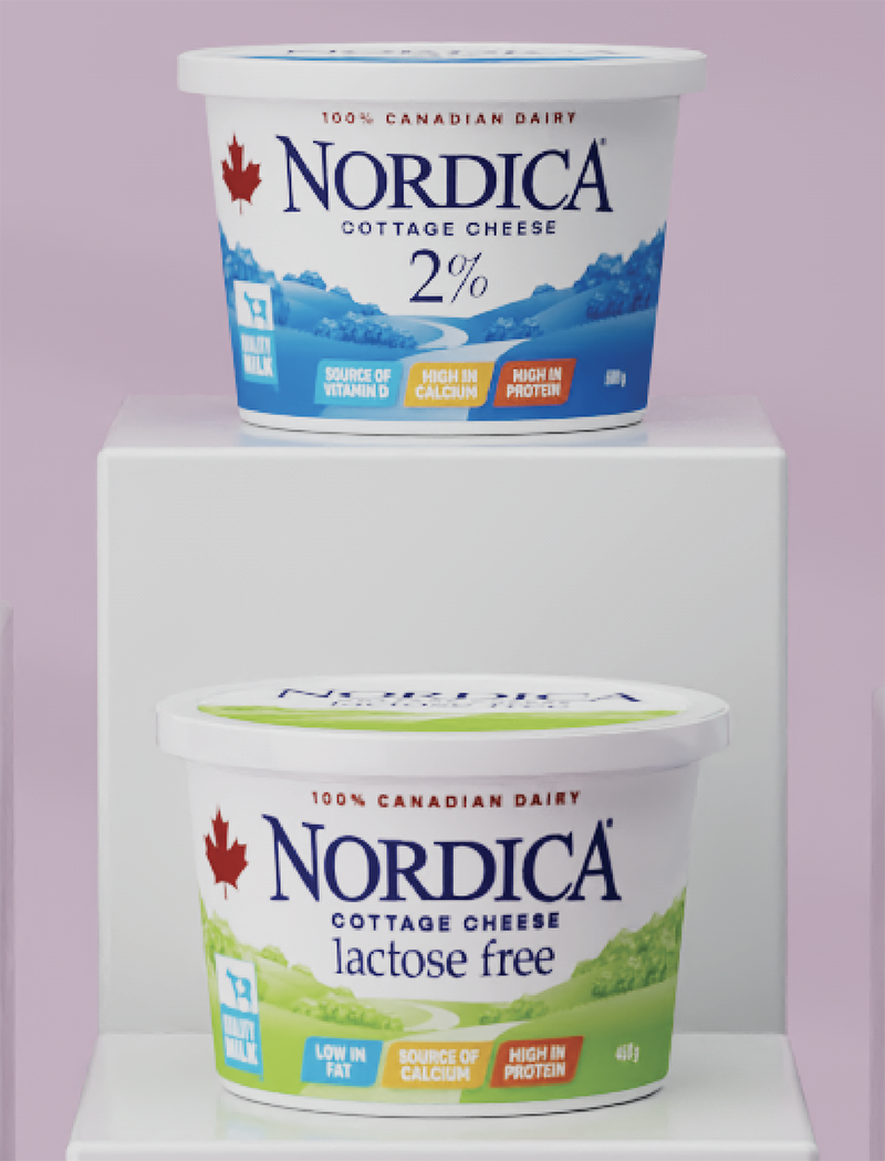 Six Nordica Cottage Cheese products on individual podiums 