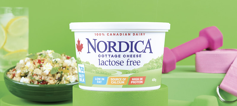 Nordica Lactose Free cottage cheese on a stand surrounded by a weight, a belt, a glass of ice water with lemon, a spoon, and a bowl of quinoa and cottage cheese.