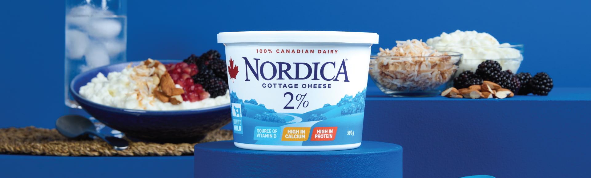 Nordica 2% cottage cheese in the foreground with a blue background. A bowl of cottage cheese with coconut, almonds, and blackberries and individual ingredients in the background.