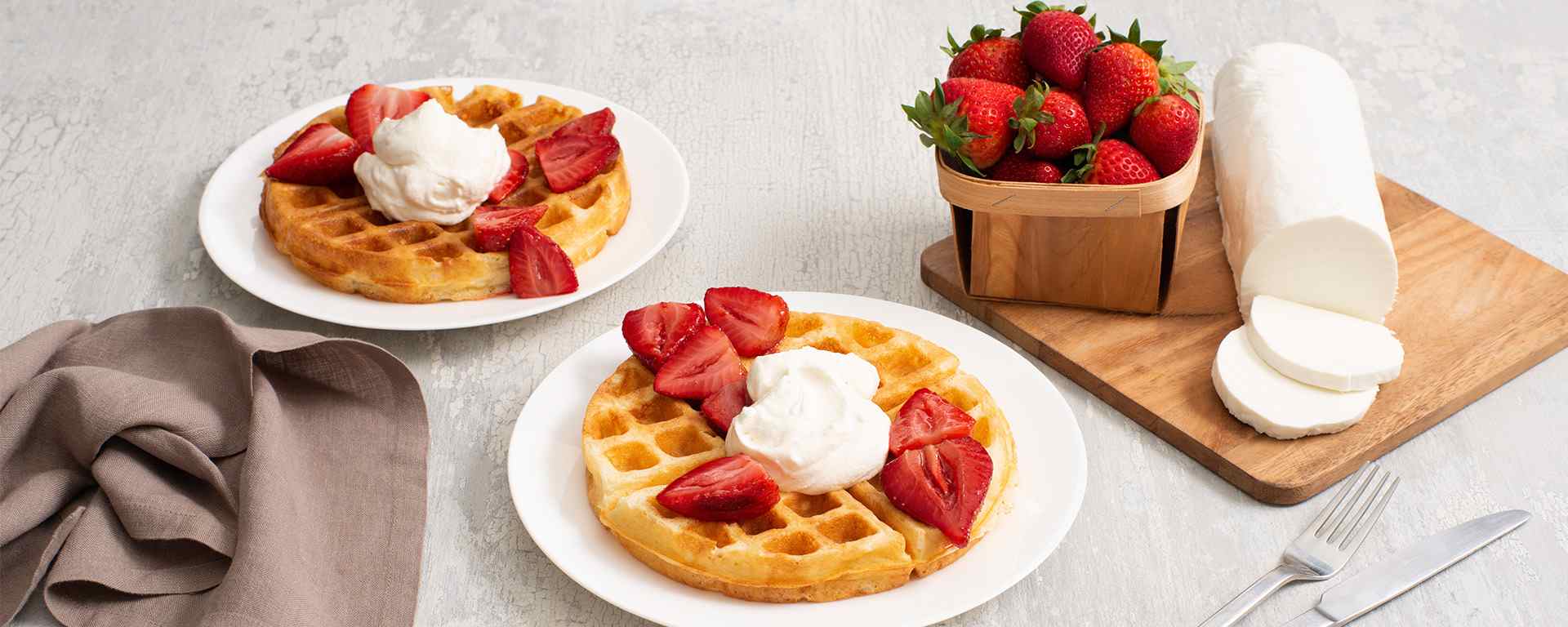 Photo of - Buttermilk Waffles with Balsamic Roasted Strawberries and Goat Cheese Whipped Cream