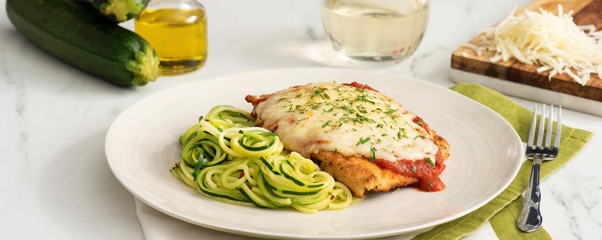 Photo of - Chicken Parmesan with Zucchini Aglio Olio