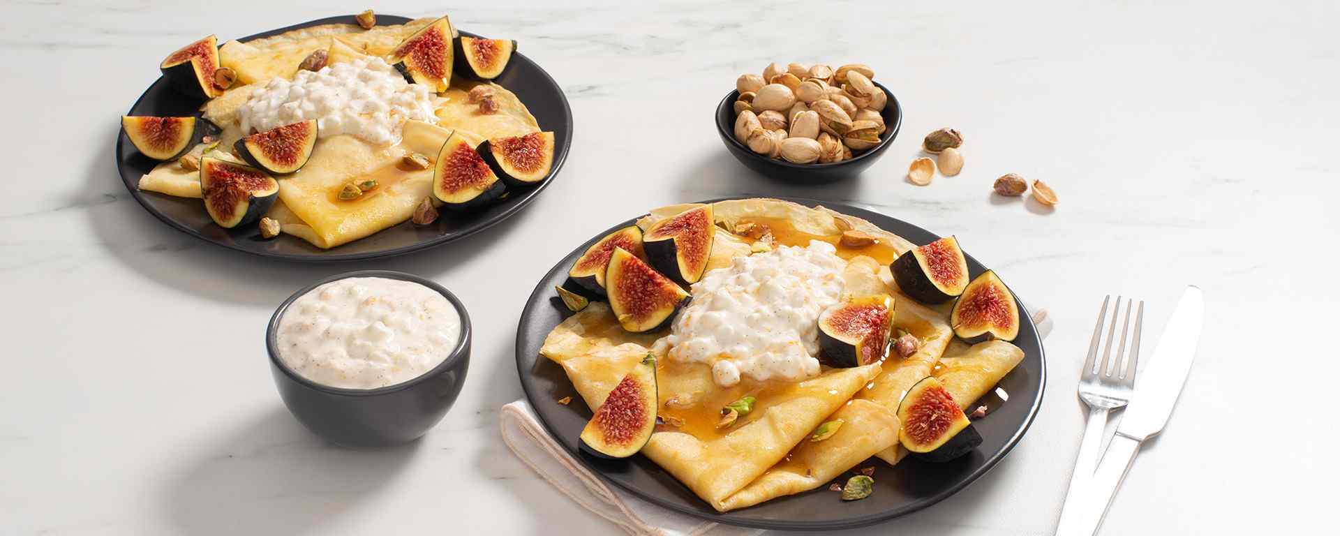Photo of - Cornmeal Crepes with Cottage Cheese, Figs and Pistachios