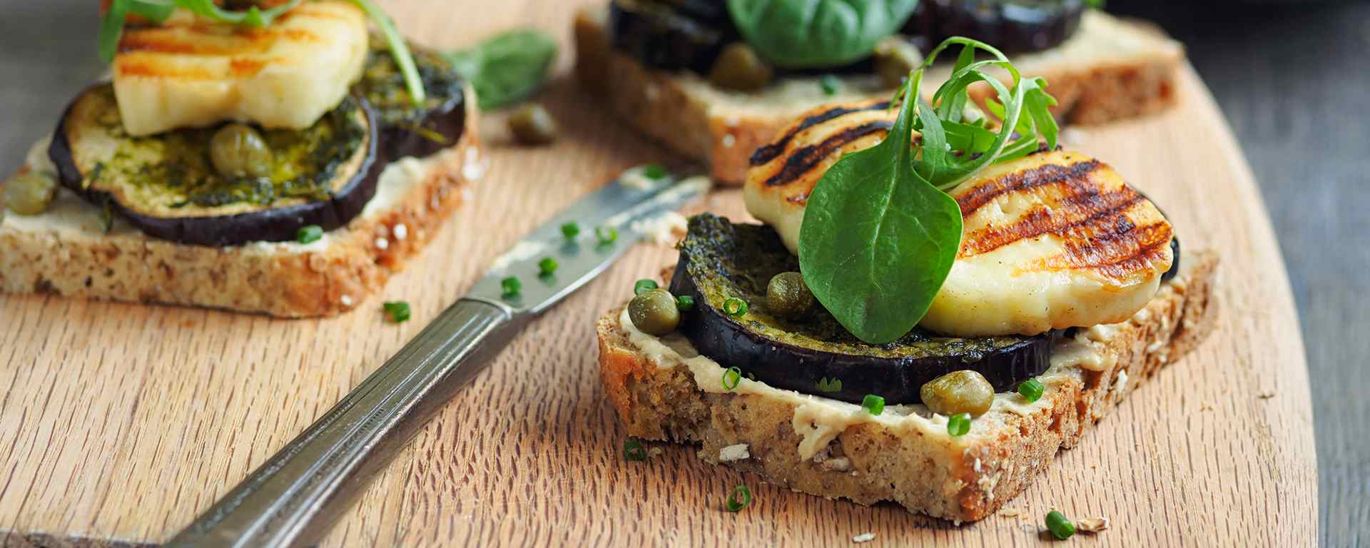 Photo for - Roasted Vegetable Tartine with Arugula Pesto and Grilled Halloumi