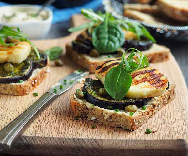 Photo of - Roasted Vegetable Tartine with Arugula Pesto and Grilled Halloumi