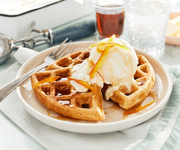 Photo of - Ginger Cardamom Waffles with Honey Ice Cream and Candied Orange Peel