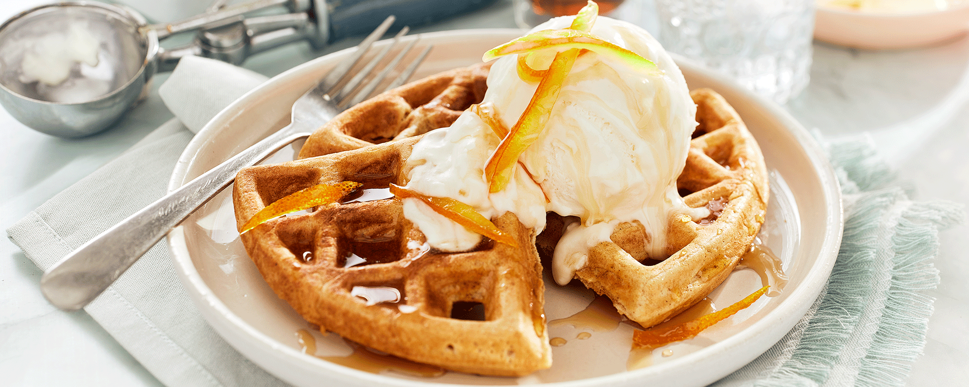 Photo of - Ginger Cardamom Waffles with Honey Ice Cream and Candied Orange Peel