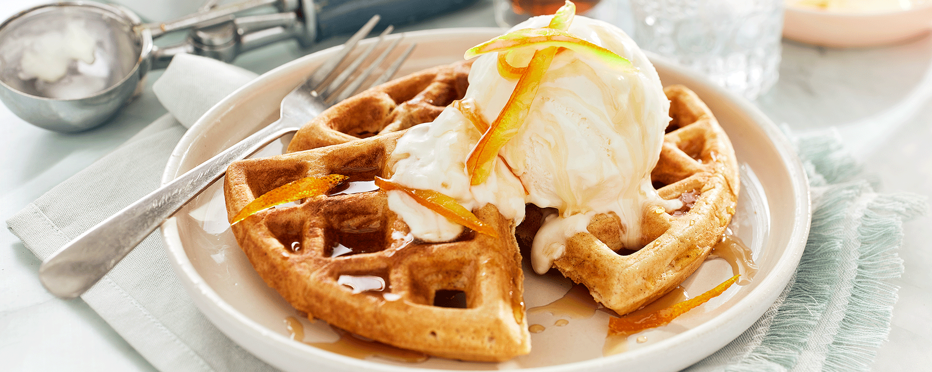 Photo for - Ginger Cardamom Waffles with Honey Ice Cream and Candied Orange Peel